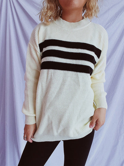 Damen Strickpullover Oversized Horizontale Streifen Beige