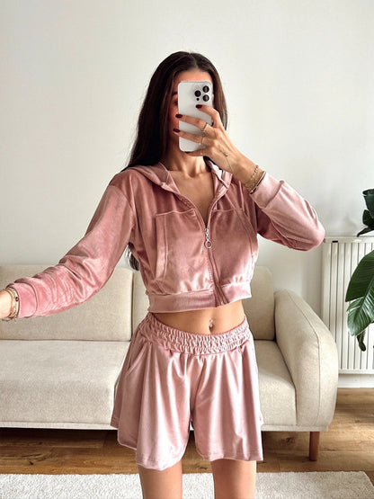 Damen Sportset Velours Cropped Reißverschluss Elastisch