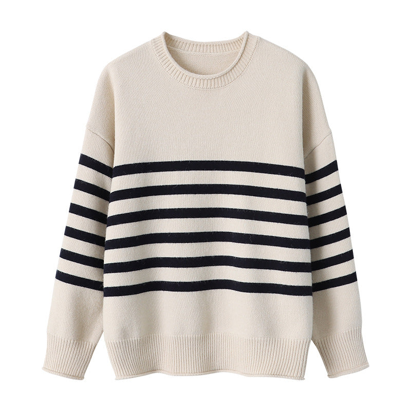 Damen Pullover Gestreift Rundhalsausschnitt Feine Strickstruktur