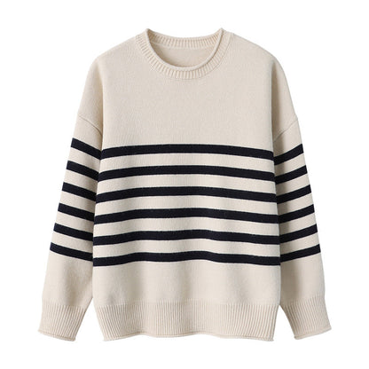Damen Pullover Gestreift Rundhalsausschnitt Feine Strickstruktur