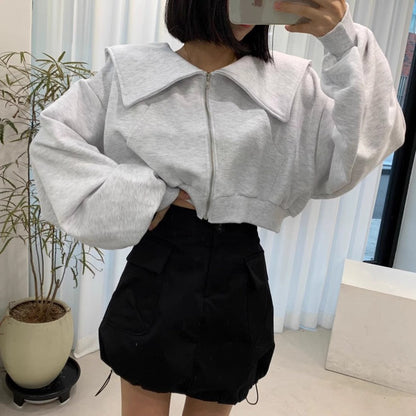 Damen Cropped Sweatjacke Großer Kragen Norvielle