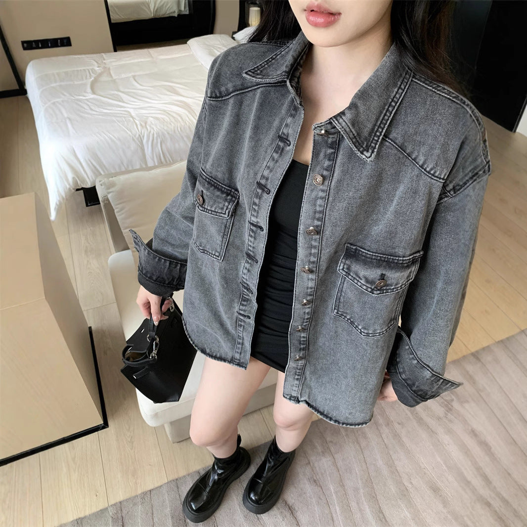 Damen Denim-Hemdjacke Lässig Große Taschen
