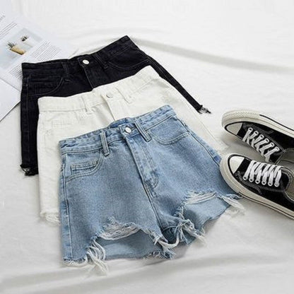 Damen Highwaist Destroyed Denim Shorts mit Fransensaum - Norvielle