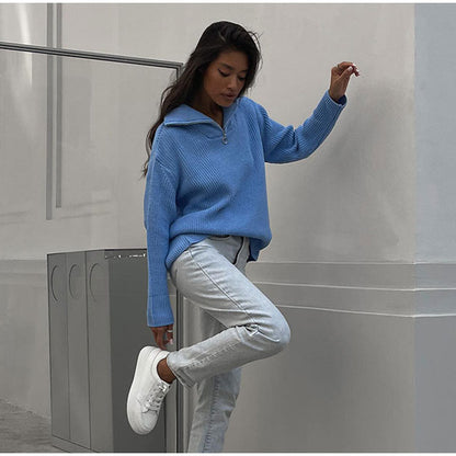 Damen Oversized Strickpullover Stehkragen Reißverschluss Norvielle