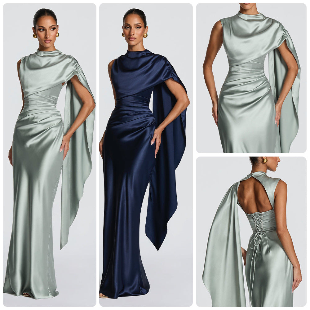 Damen Maxikleid Asymmetrisch Satin Schwarz - Norvielle