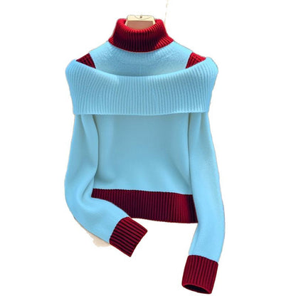 Damen Pullover Weite Stehkragen Dekorativer Farbkontrast Norvielle