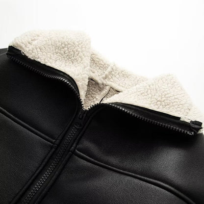 Damen Kunstlederjacke Teddyfutter Warm
