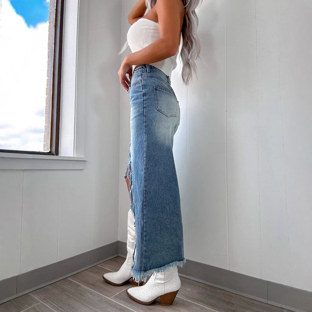 Damen Denim-Rock High-Low Fransen