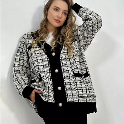 Damen Strickjacke Karo Optik Taschen Norvielle - Norvielle