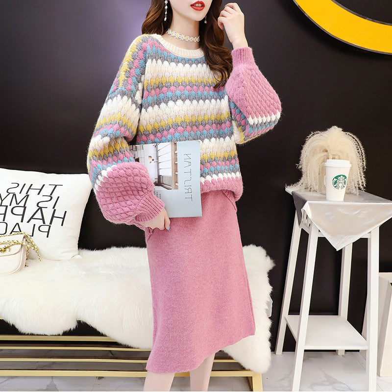Damen Strickpullover Bunt Blockmuster Voluminöse Ärmel - Norvielle