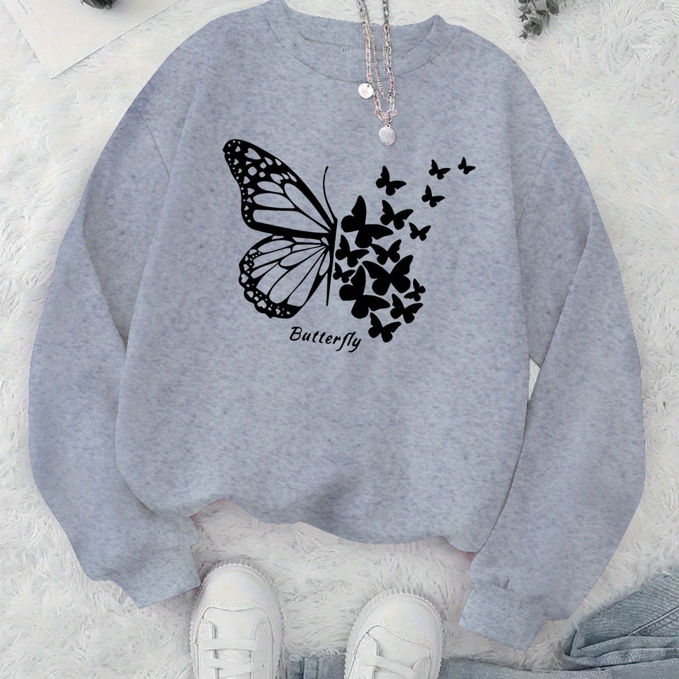 Damen Sweatshirt Schmetterlingsmotiv Lässig Grün