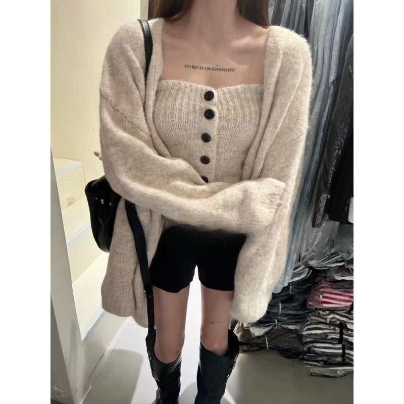 Damen Strickjacke Weit Knöpfe Beige