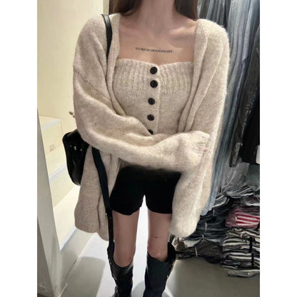 Damen Strickjacke Weit Knöpfe Beige