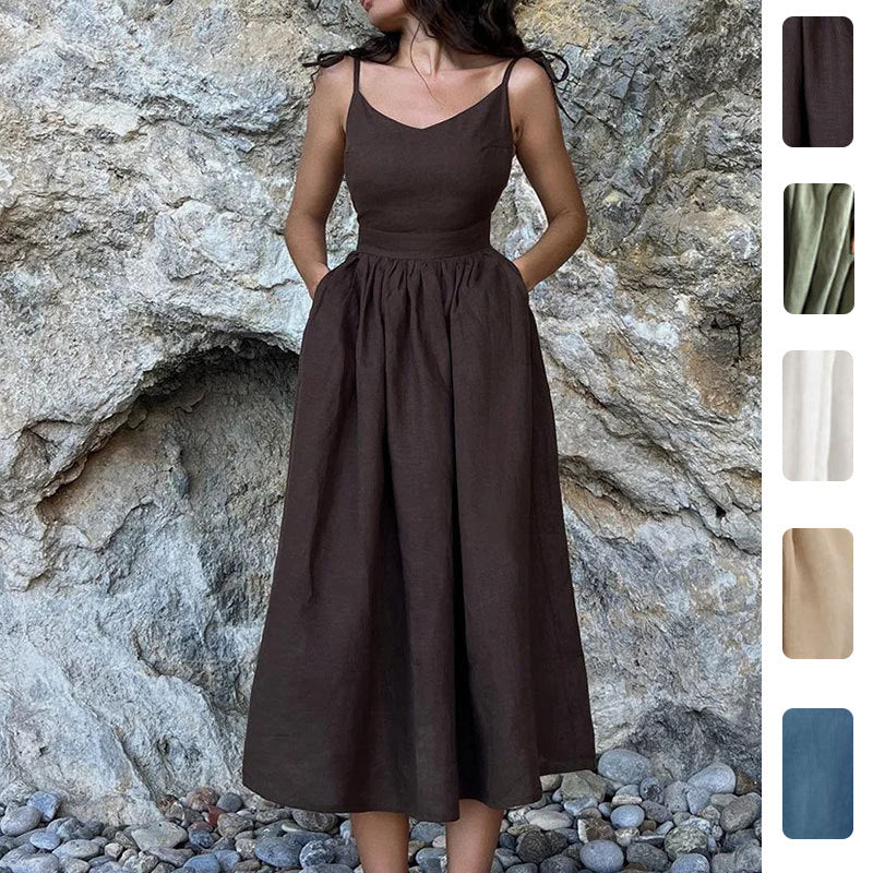Damen Leinenkleid Lang V-Ausschnitt Tailliert Beige - Norvielle