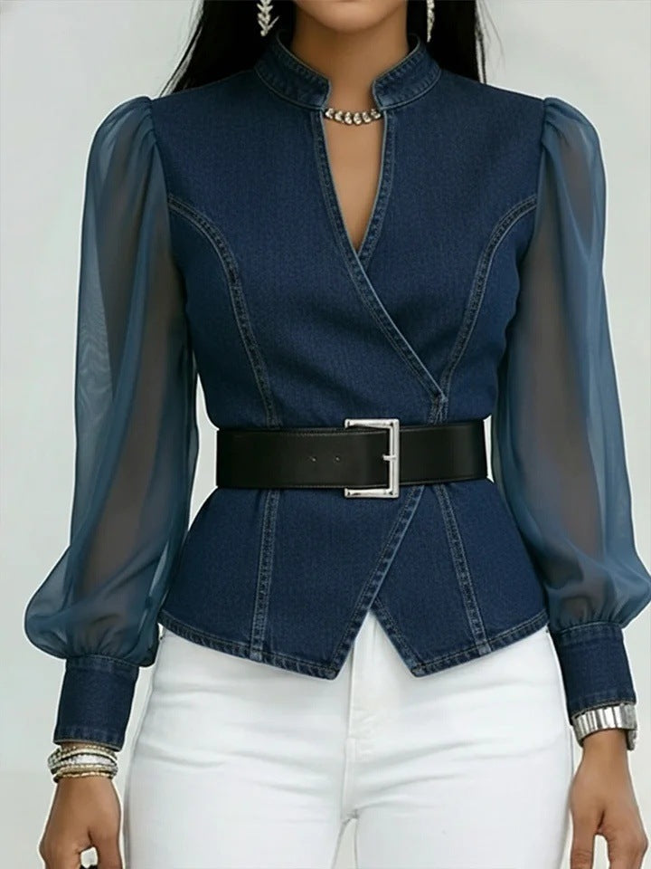Damen JeansbluseTransparente Ärmel Tailliert