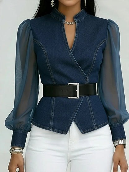 Damen JeansbluseTransparente Ärmel Tailliert