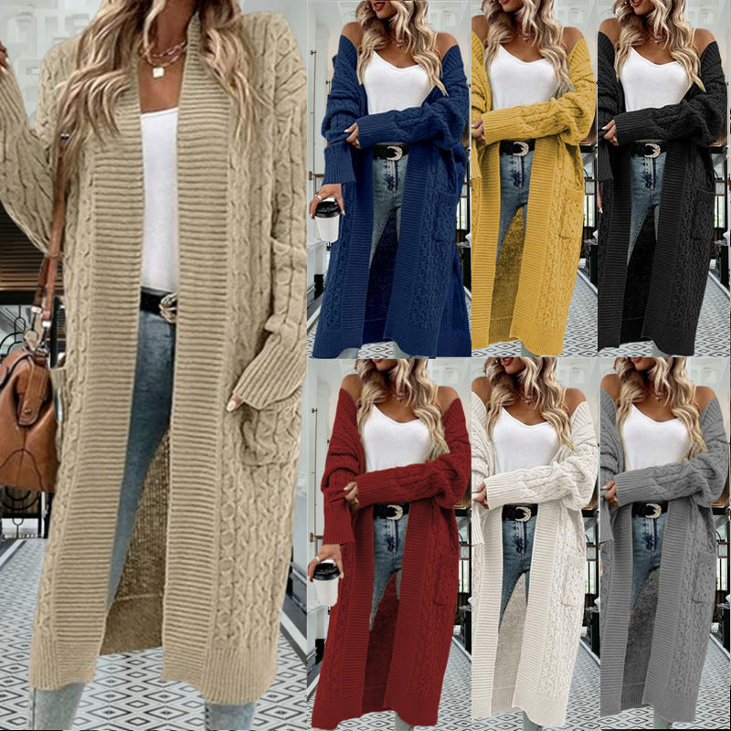 Damen Grobstrick Cardigan Offenes Design Mit Taschen Beige - Norvielle
