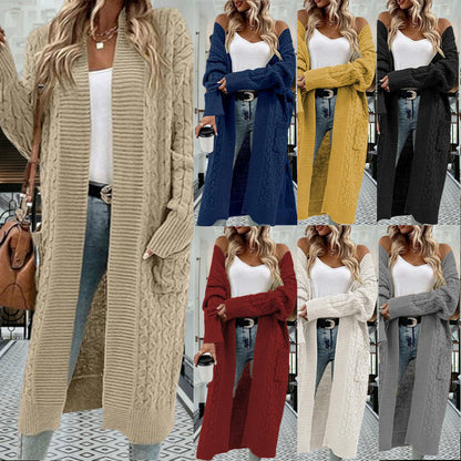 Damen Grobstrick Cardigan Offenes Design Mit Taschen Beige - Norvielle