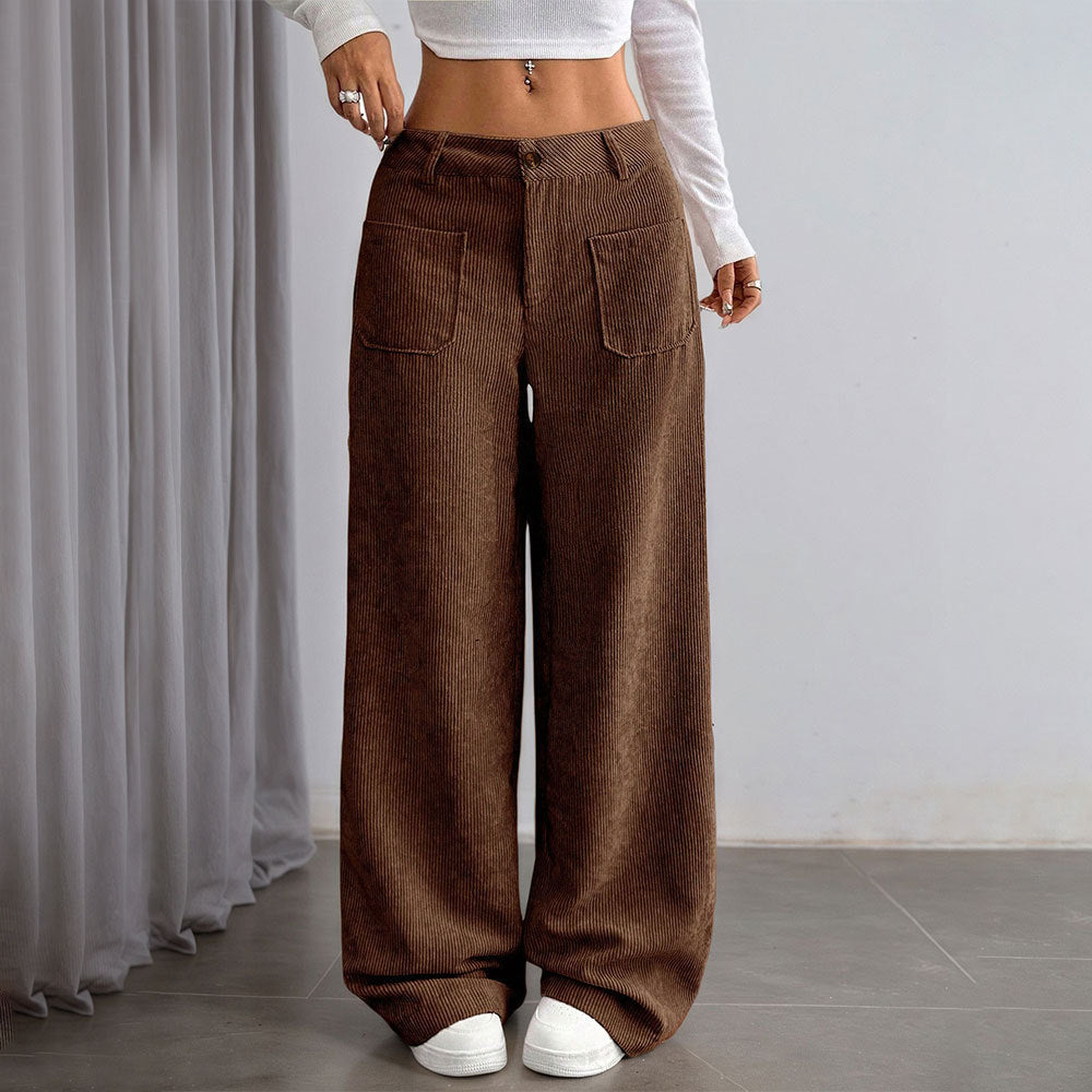 Damen Cordhose Weit Mit Taschen Hoch Bund Schwarz Norvielle - Norvielle