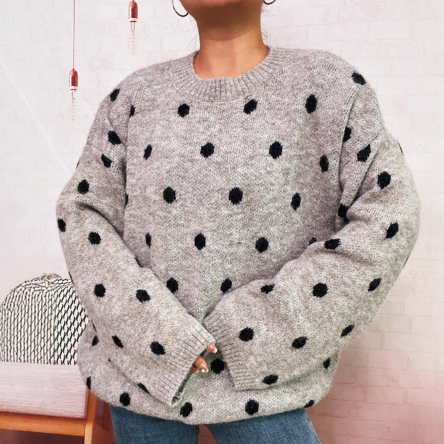 Damen Strickpullover Gemütlich Punktuelles Design Beige