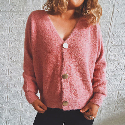 Damen Strickjacke Oversize Große Knöpfe Beige - Norvielle