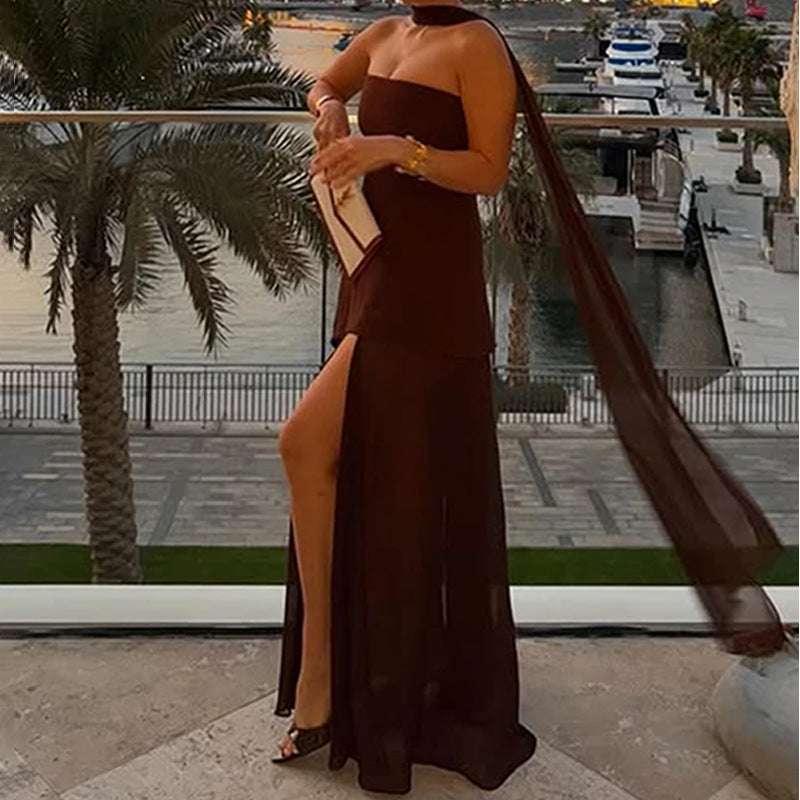 Damen Maxikleid Asymmetrisch Transparenter Überrock Norvielle - Norvielle