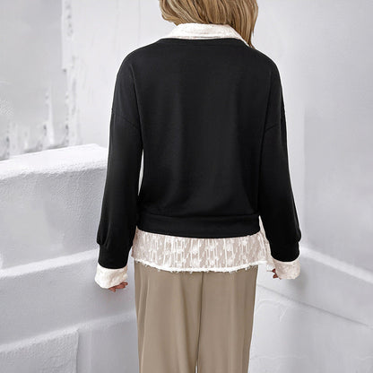 Damen Sweatshirt mit Spitzenansatz Romantisch Beige