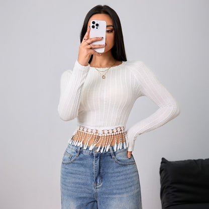 Damen Langarmshirt Cropped mit Fransen-Details Norvielle - Norvielle