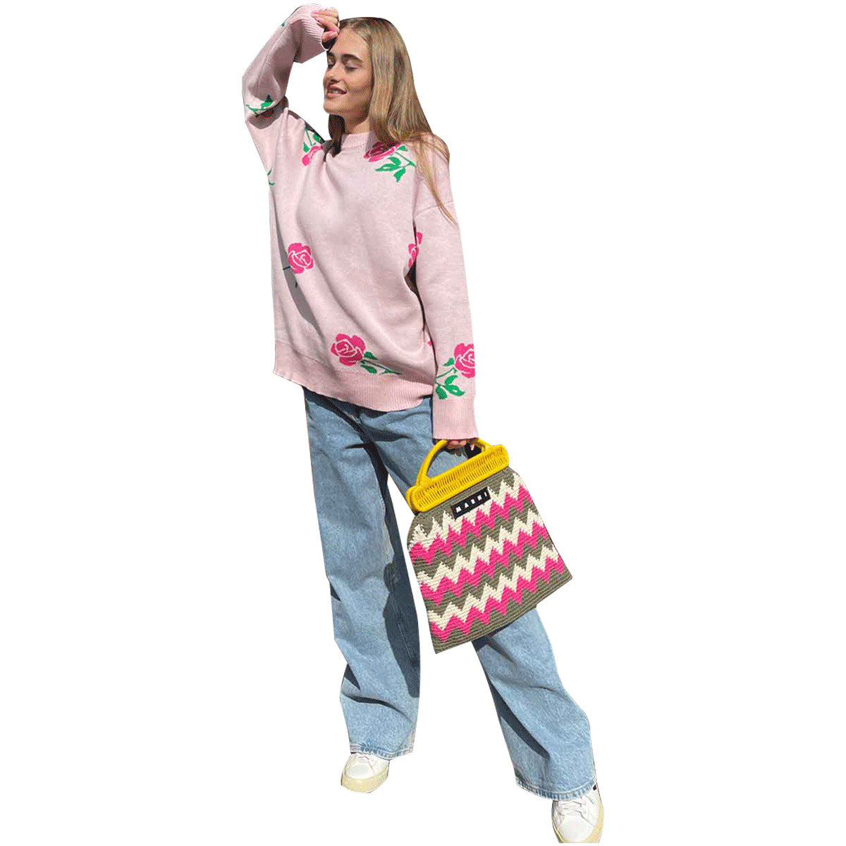 Damen Strickpullover Floralmuster Locker Norvielle