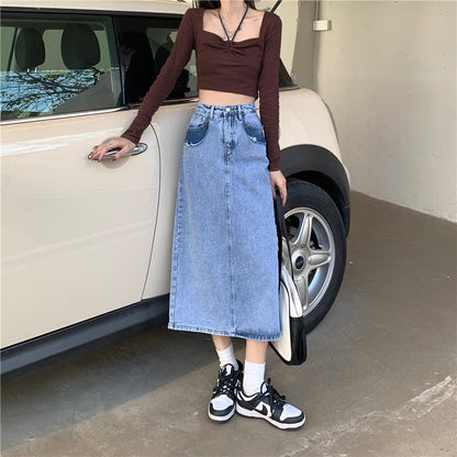 Damen Maxi-Denimrock Hochtaillierter Bund Seitenschlitz