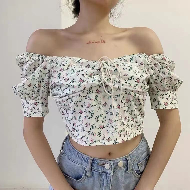 Damen Crop- Puffärmel Floralmuster