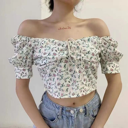 Damen Crop- Puffärmel Floralmuster