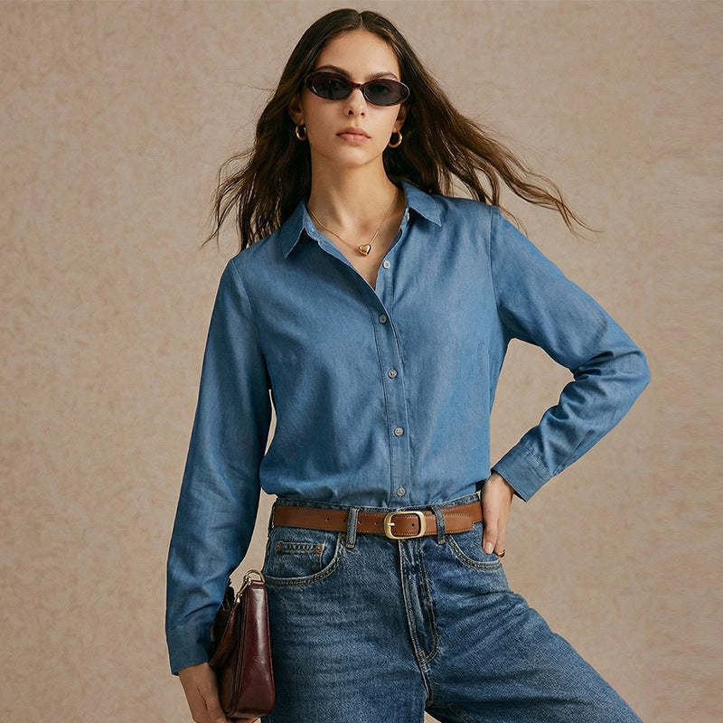 Damen Denim-Bluse Klassisch Knopfleiste