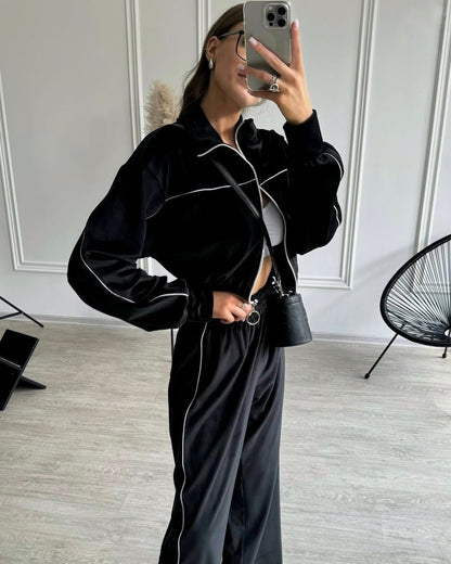 Damen Velours Joggingset Hochkragen Reißverschluss Norvielle