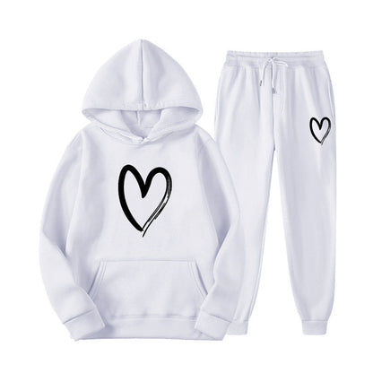 Damen Sweatanzug Kängurutasche Herzprint Grün