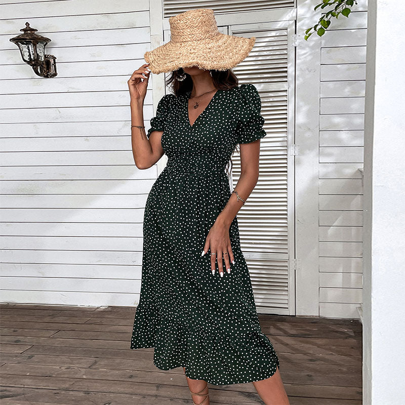 Damen Sommerkleid Polka Dot Rüschendetails Figurbetonter Schnitt
