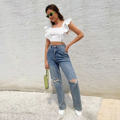 Damen Cropped Rüschendetails Quadrat-Ausschnitt Norvielle