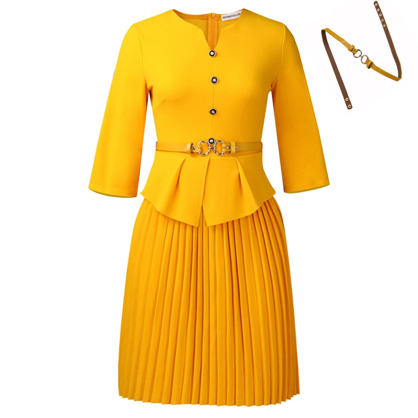 Damen Plissee-Kleid mit Taillenbluse und Gürtel