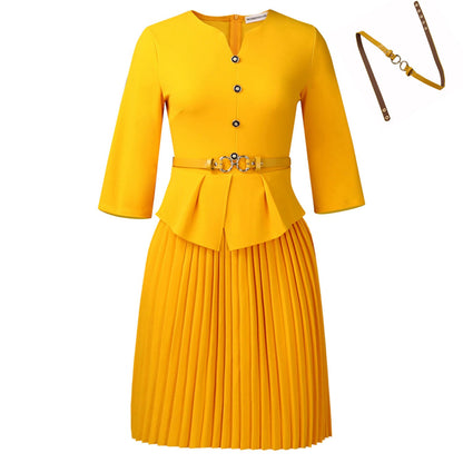 Damen Plissee-Kleid mit Taillenbluse und Gürtel