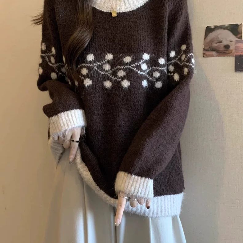 Damen Strickpullover Weich Floralmuster Spitzen Beige