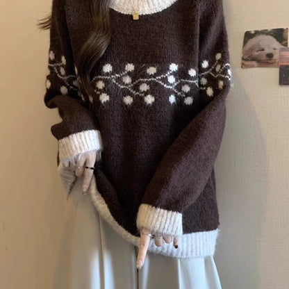Damen Strickpullover Weich Floralmuster Spitzen Beige