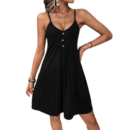 Damen Sommerkleid aus Leinen mit Knöpfen und Spaghettiträgern Beige