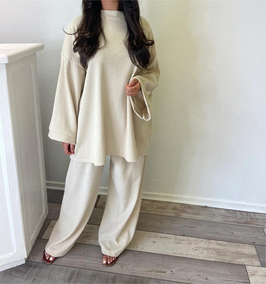 Damen Lounge-Set Weiches Ripp-Material Weiter Schnitt Beige