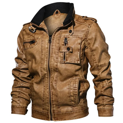 Herren Lederjacke Slim Fit Stehkragen Reißverschluss Multi-Taschen