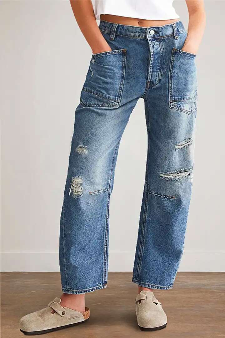 Damen Baggy Jeans Destroyed Vintage Look Cargo Taschen