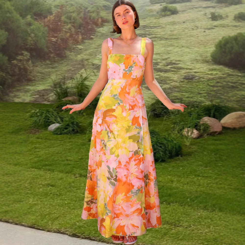 Damen Maxikleid Tailliert Spaghettiträger Floral Norvielle