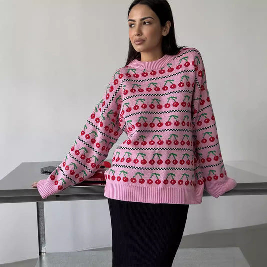Damen Strickpullover Kirschmotiv Norvielle - Norvielle