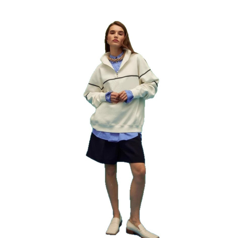 Damen Oversized Kapuzenpullover Streifenmuster Reißverschluss