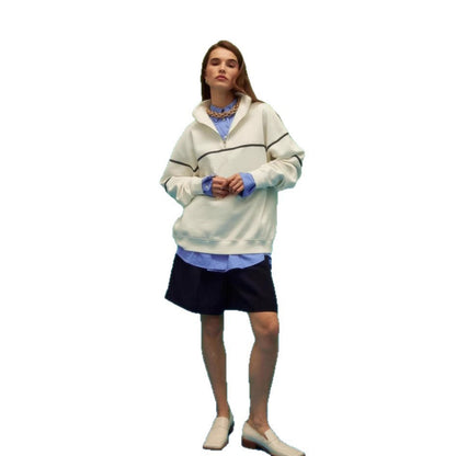 Damen Oversized Kapuzenpullover Streifenmuster Reißverschluss