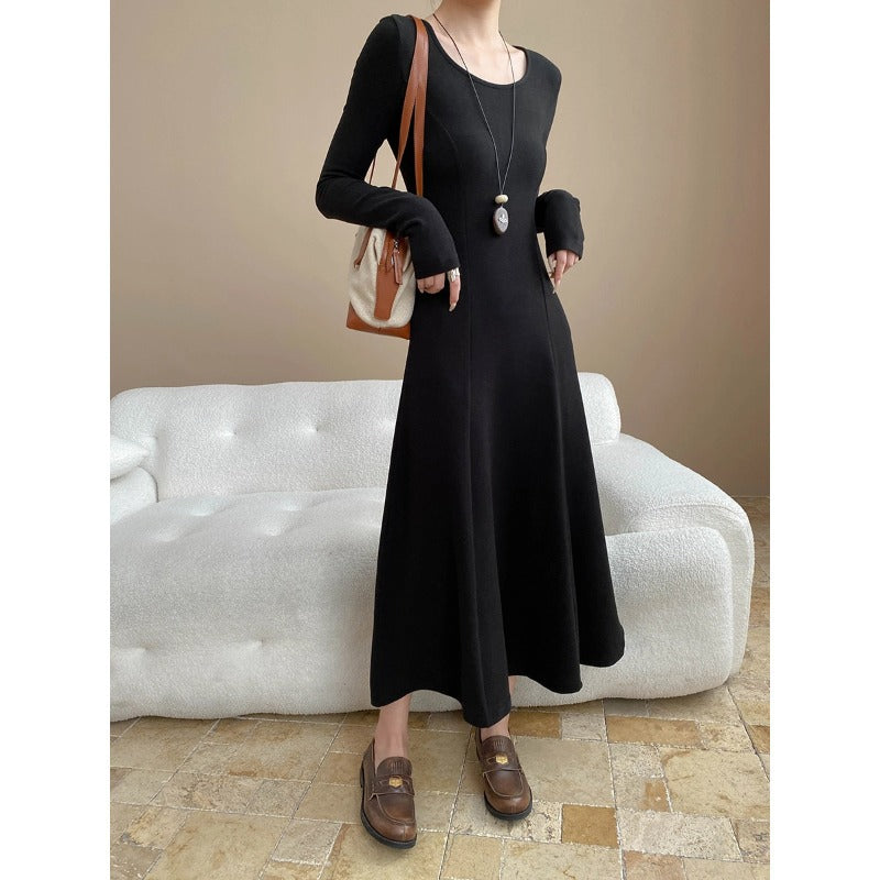 Damen Maxikleid Langärmlig Tailliert Schwarz - Norvielle